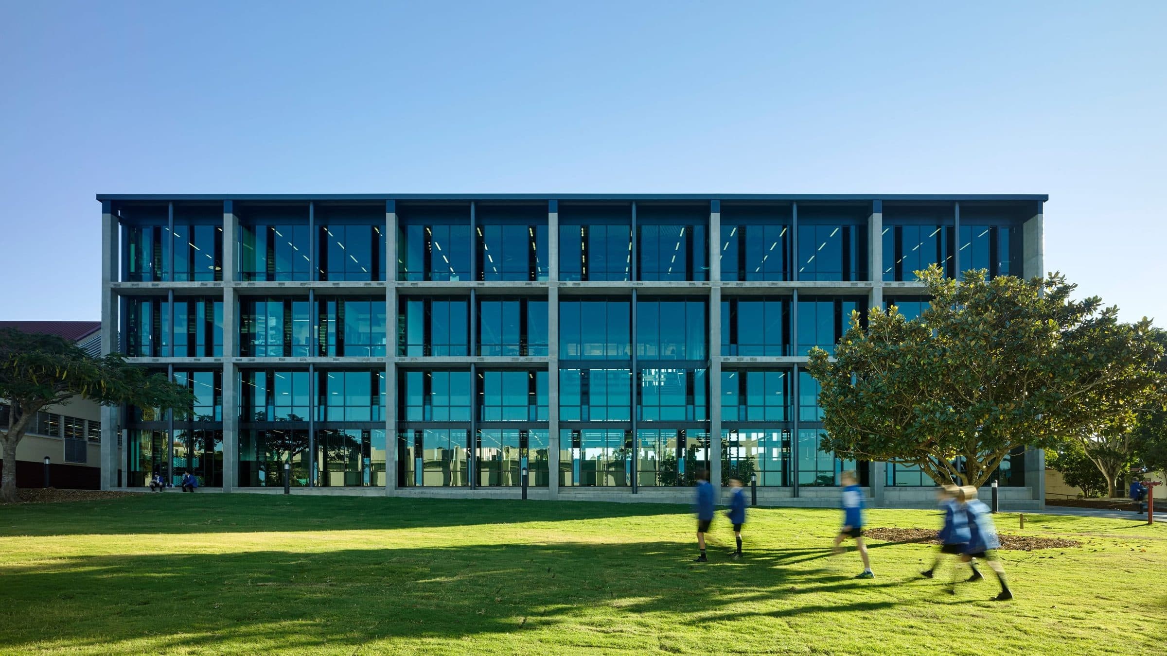 The three-storey learning centre seen across the oval.